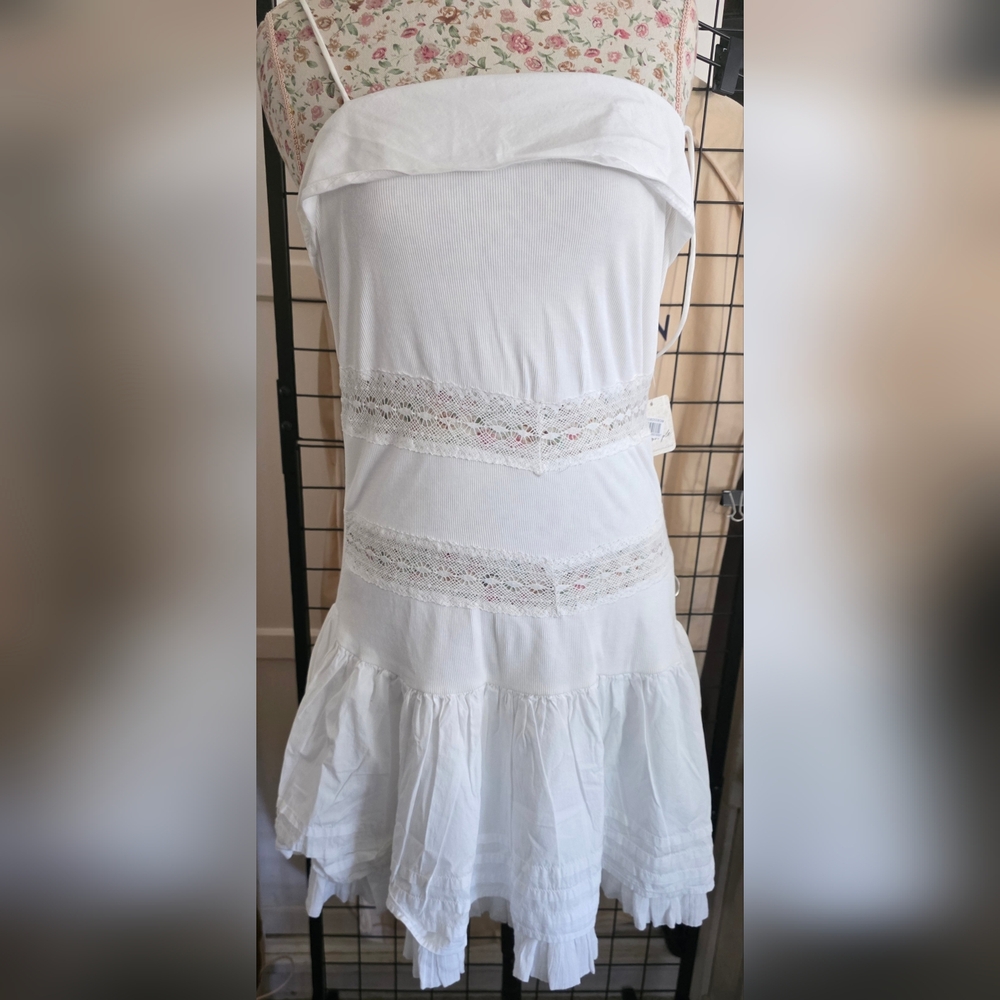 NWT Free People White Lace-Trim Spaghetti-Strap Mini Dress - Picture 2 of 11
